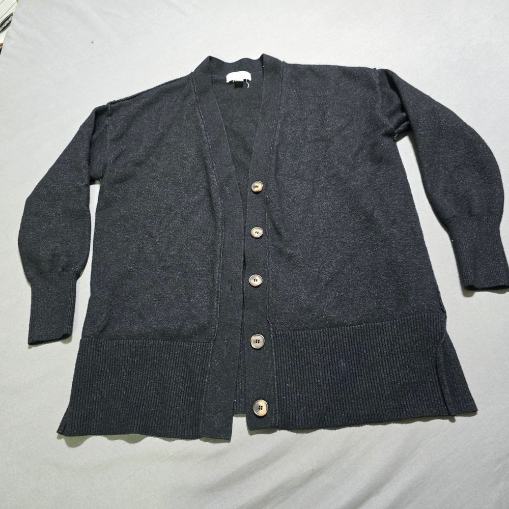 Allison Joy Cardigan Women Small Gray Button Front Ribbed Hem Side Slit Sweater